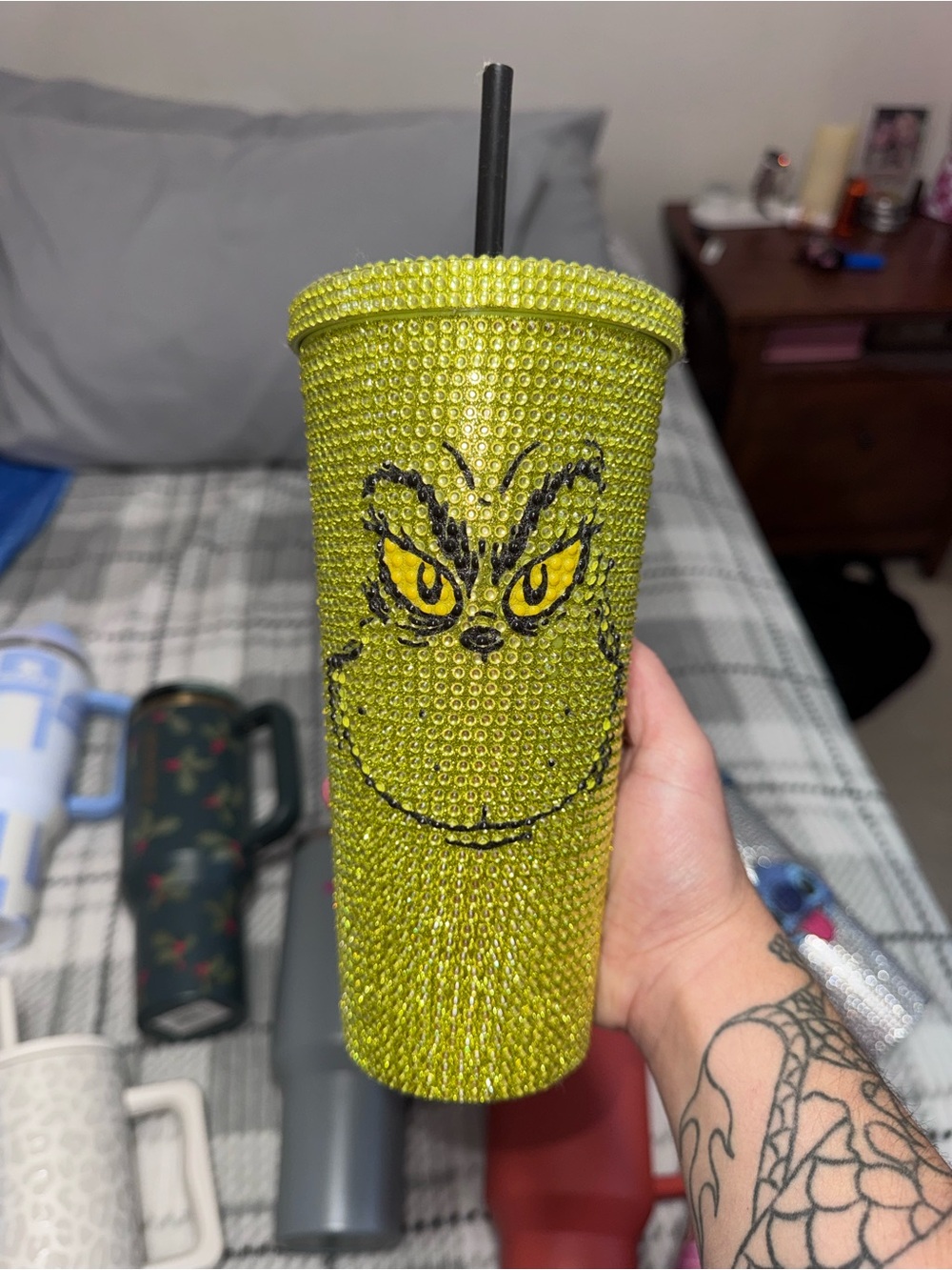 Embellished Grinch Rhinestone Tumbler - Lime Green